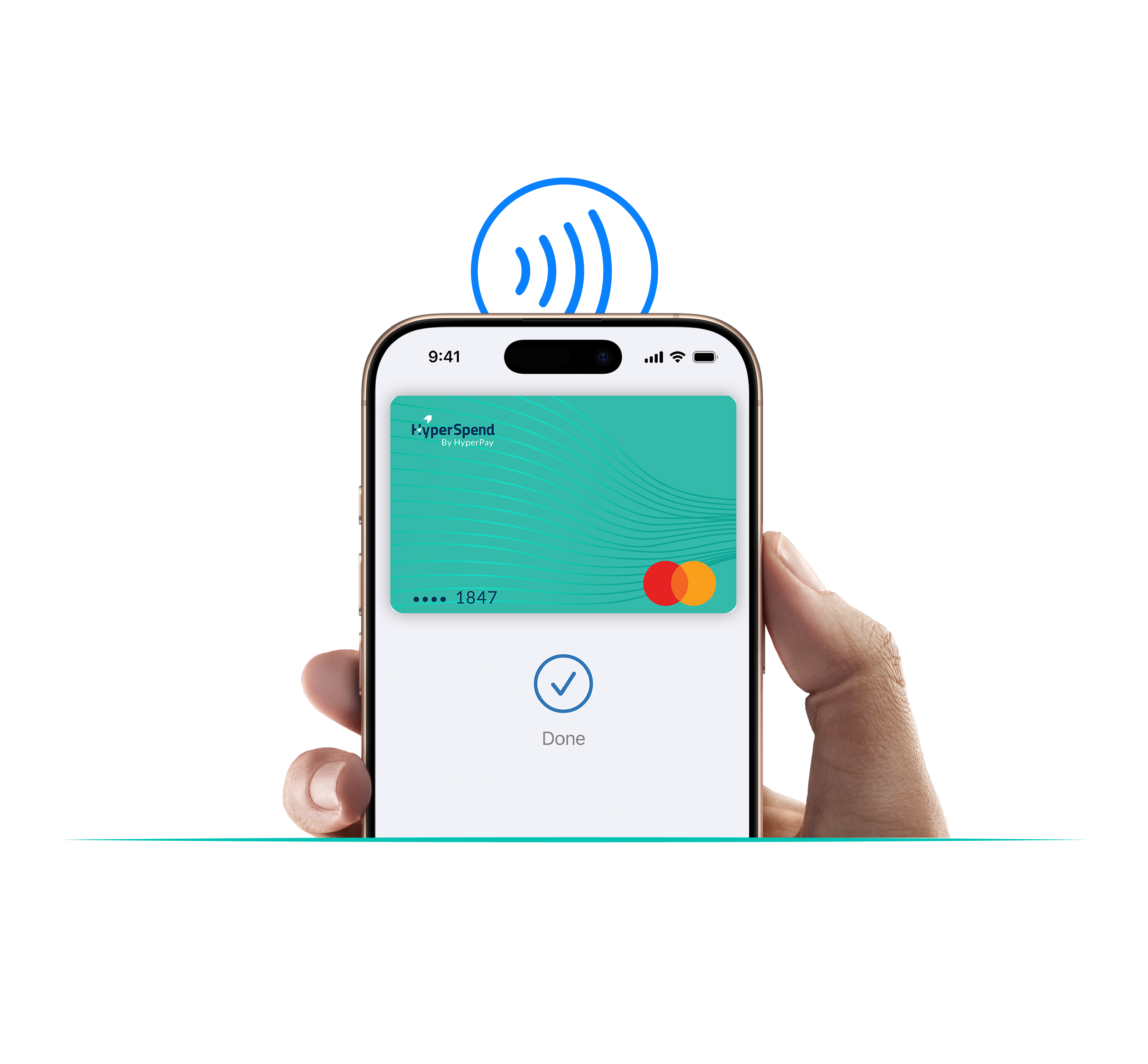 Hand holding an iPhone paying securely with Apple Pay